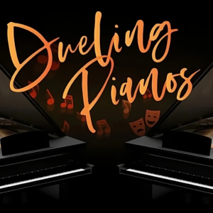 A piano with the words dueling pianos written above it.